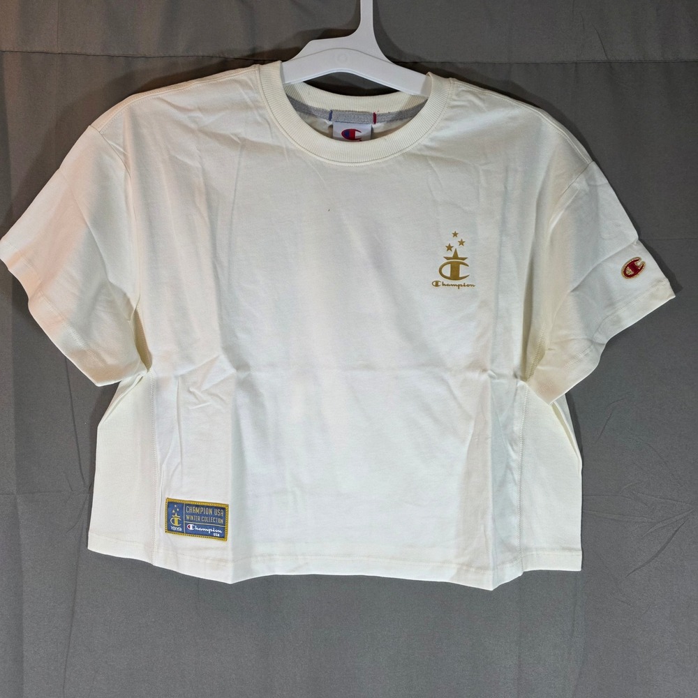 Champion Women Gold Medal Cropped Tee Unbleached Cotton USA Graphic Shirt M NEW